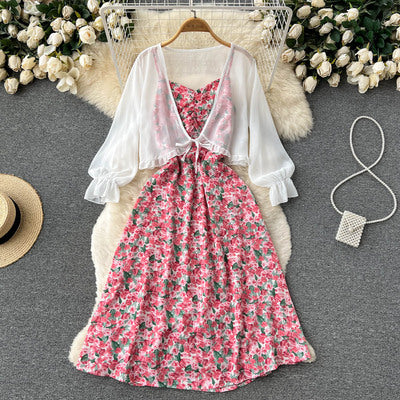 French retro age reduction cover belly show thin floral sling dress chiffon shawl jacket sweet temperament two-piece set