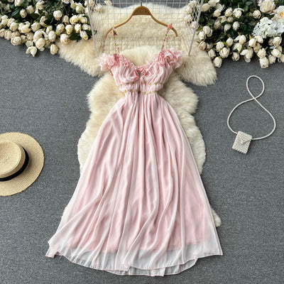 Super fairy temperament sweet V-neck pleated pleated chiffon dress female summer gentle style holiday fairy skirt