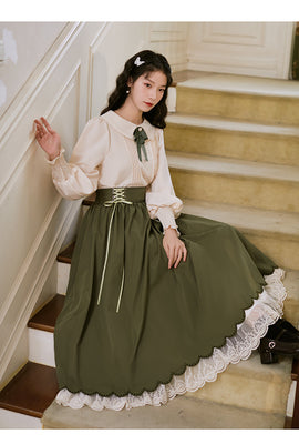 Copy of Lace-up waist skirt with doll collar shirt two-piece French style high-end fried street skirt suit long skirt big swing