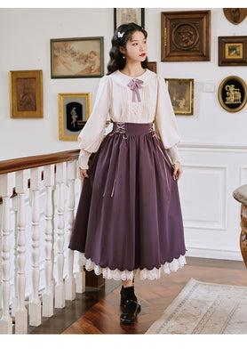 Lace-up waist skirt with doll collar shirt two-piece French style high-end fried street skirt suit long skirt big swing