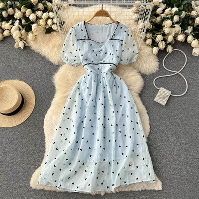 Literary small fresh Korean version sweet square neck pleated short-sleeved floral A-line skirt female temperament retro dress tide