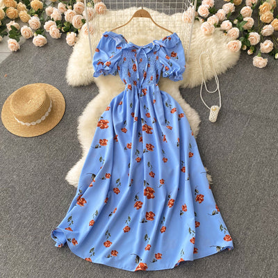 Small fresh French retro fairy thin floral dress high waist drawstring pleated waist slimming long skirt