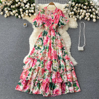 Palace style noble and elegant women's clothing 2022 new trendy fairy chiffon printed holiday dress women's summer dress