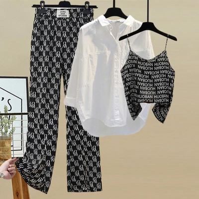 Large size women's clothing 2021 early autumn new Korean version temperament casual shirt with a vest and wide-leg trousers three-piece suit