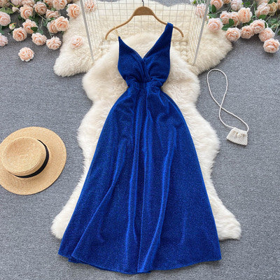 Bright silk evening dress skirt female summer new temperament light luxury celebrity goddess fan high waist slimming design dress