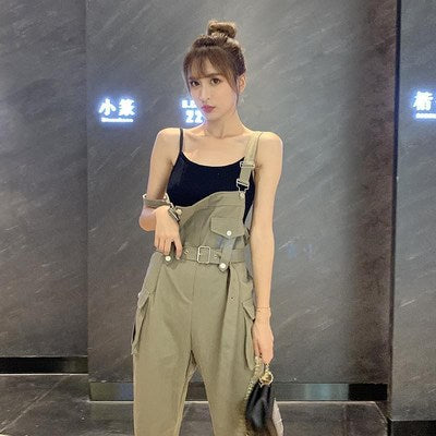 ins net red tooling waist overalls female student Korean version loose summer and autumn new suspenders one-piece wide-leg pants trend