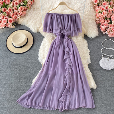 Seaside vacation one-shoulder off-the-shoulder chiffon dress summer waist is thin and elegant ruffled large swing long skirt