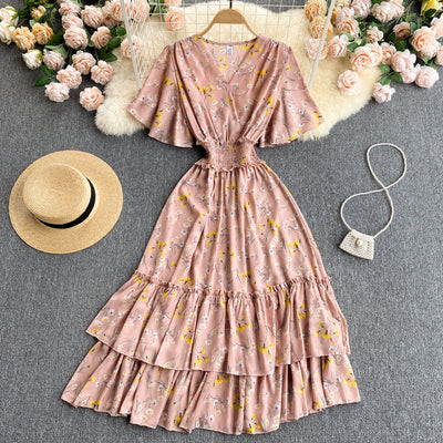 French dress 2022 new summer dress temperament V-neck elastic waist thin ruffled floral holiday skirt