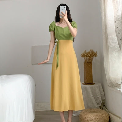 French retro splicing temperament dress female 2023 summer new waist slimming sweet and spicy style beautiful long skirt