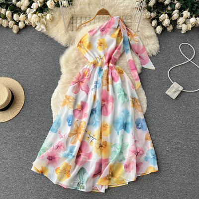 Niche design slant-neck dress women's summer new seaside holiday chiffon print long skirt