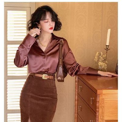 Hong Kong style retro temperament acetic acid shirt women's autumn high-end long-sleeved loose and thin drape shirt