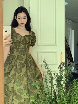 French retro green dress women's