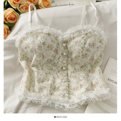 2023 summer sweet wind fungus side printed lace camisole women's short slim vest with navel exposed