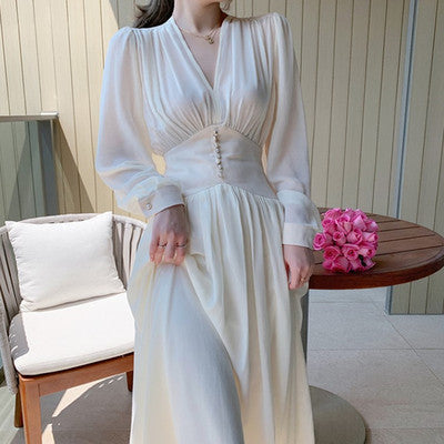 Fat sister spring new ladies temperament chiffon long skirt waist is thin and light and mature style white dress large size woman