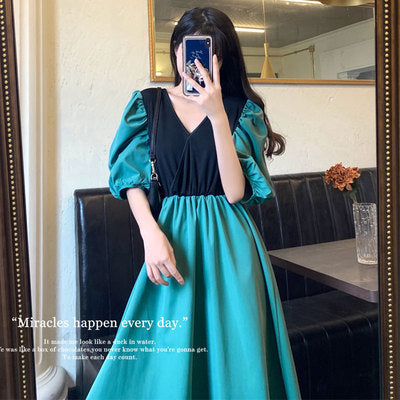 Large size women's clothing fat sister super fairy puff sleeves waist slim dress Western style fake two knee-length retro dresses