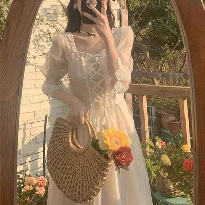 French first love sweet and gentle wind fairy super fairy forest dress female white lace light mature temperament long skirt summer