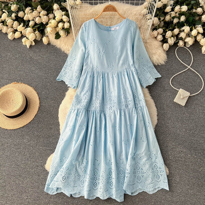 Korean version of the literary retro French lotus leaf sleeves loose and thin big swing doll tutu skirt hollow embroidery dress trendy