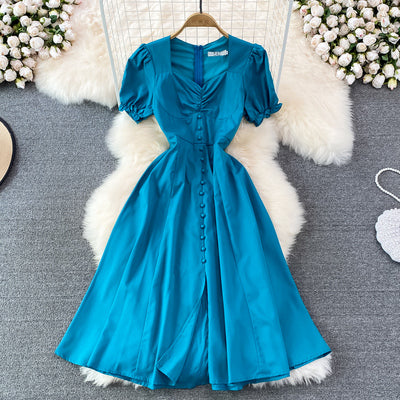 Summer high-end temperament square neck pleated bubble short-sleeved waist slimming mid-length split A-line dress female