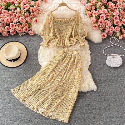 High waist drop mid-length over-the-knee chiffon floral pleated skirt two-piece suit square neck ruffled chiffon shirt