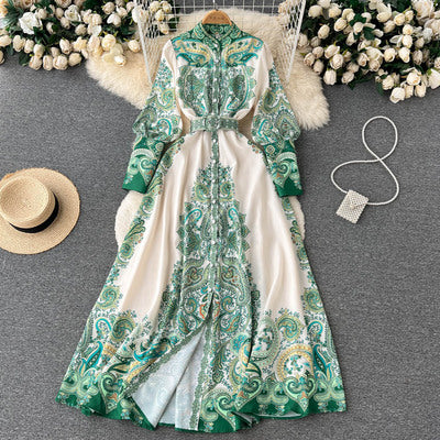 Cold and high-end stand-up collar floral dress summer women's 2022 new temperament celebrity waist A-line long skirt