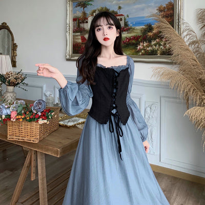 Early spring 2022 new large size French tea break bubble sleeve dress women's slightly fat mm waist and thin strap skirt