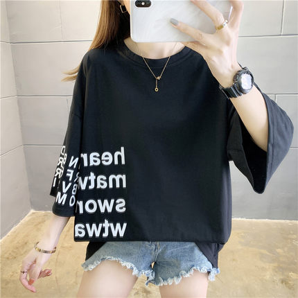 2022 summer new three-quarter sleeve t-shirt Hong Kong flavor loose and lazy style all-match Korean version mid-sleeve top T-shirt ins