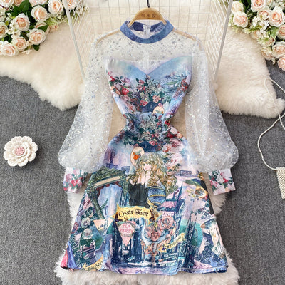 2022 spring new women's jacquard cotton print letter beading and bronzing lace lantern sleeves age-reducing dress