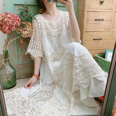 Original summer mid-sleeve waist lace dress hollow crochet embroidery mid-length thin lace skirt women