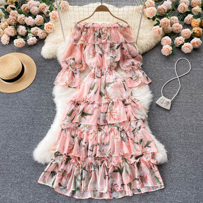 Early autumn new floral skirt one-shoulder horn-sleeved cake skirt printed waist dress sweet fairy princess skirt