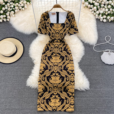 Summer Fashion Feminine Dress Retro Palace Style Print Slim Slim Square Neck Dress Bag Hip Dress Short Sleeves 举报