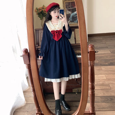 Large size women's college style navy collar dress women's autumn fat mm design sense niche slimming belly cover skirt