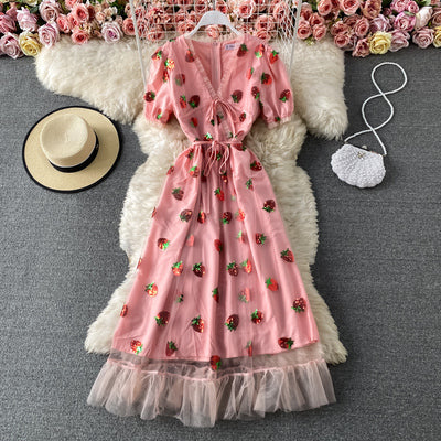 Pink Fairy Puff Sleeve Deep V Strawberry Sequin Embroidery Dress Seaside Holiday Beach Skirt Big Swing Long Skirt Summer