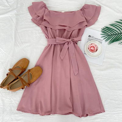 2022 summer new fashion all-match off-the-shoulder word-neck double-layer ruffled waist-strap dress short skirt women