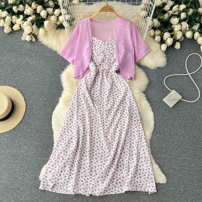 Floral suspender dress small fresh first love Mori super fairy French long skirt chiffon short-sleeved small shawl two-piece set