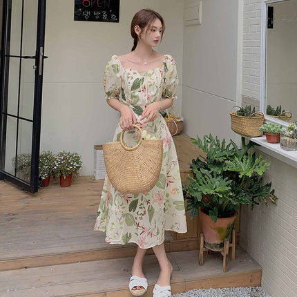 French floral dress temperament high-quality large size women's clothing slightly fat mm cover belly to show thin summer 2022 new