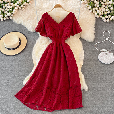 Summer fashion high-end light luxury mid-length V-neck cross high waist slim lotus leaf sleeve large swing lace dress women