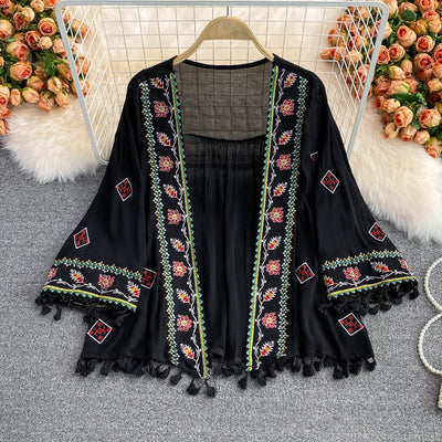 Bohemian seaside vacation Yunnan ethnic style embroidered top loose embroidery tassel shawl sunscreen shirt summer