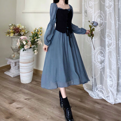 Plus-size fat sister French tea break retro fake two-piece dress women's waist bandage design sense mid-length skirt