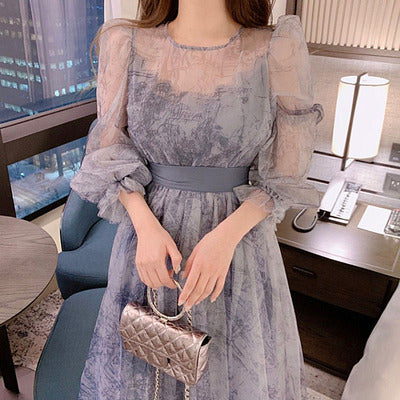 Korean chic early spring sweet and age-reducing round neck slightly permeable ink puff sleeves waist slimming mesh dress femaleV