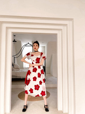 Tea Break French First Love Skirt Retro Gentle Flower Puff Sleeve Dress Girl Summer Mesh Sweet Fairy Long Skirt