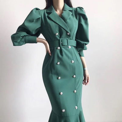 Korean chic French suit collar chic pearl buckle tie waist puff sleeve bag hip fishtail dress female