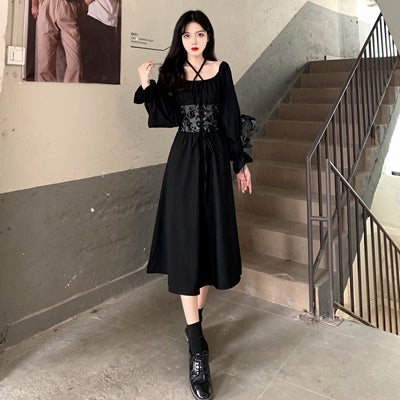 Large size fat mm square collar Hepburn style long-sleeved dress 2022 autumn new style waist slimming design small black dress