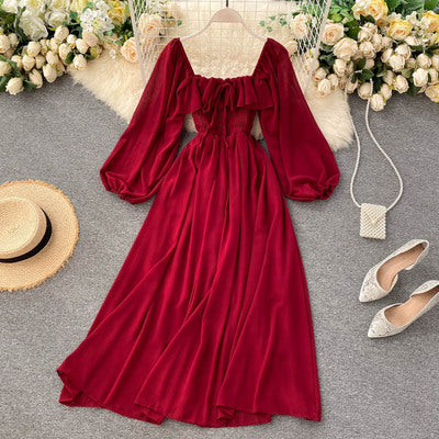 chic gentle wind dress autumn 2020 new women's french retro square neck puff sleeve chiffon skirt