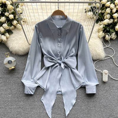 Design sense niche light luxury bow tie satin mid-length shirt women's lapel long-sleeved temperament slim shirt