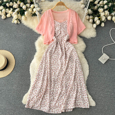 Floral suspender dress small fresh first love Mori super fairy French long skirt chiffon short-sleeved small shawl two-piece set