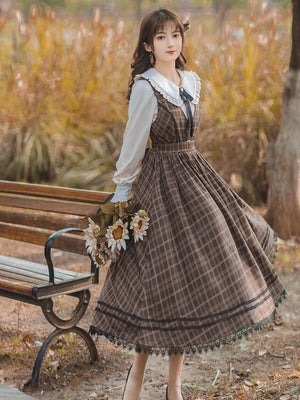 Spring women's retro French college style literary plaid vest skirt doll collar long-sleeved shirt Lolita suit