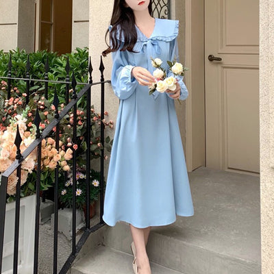 Korean doll tie gentle blue tea break skirt female spring and autumn large size sweet age-reducing small fresh dress