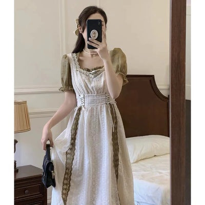 2022 spring and autumn French retro square neck stitching dress feminine temperament gentle wind first love mid-length fairy skirt