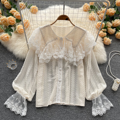 French shirt women's design sense niche heavy industry embroidery lace