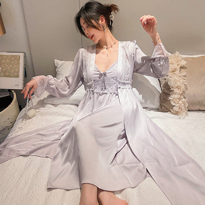 Sexy court style lace pajamas women's ice silk long nightgown with chest pad suspenders nightdress two-piece suit